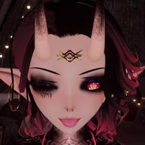 A 3D character portrait. Glowing squares frame a demon's smug face looking down at the viewer.